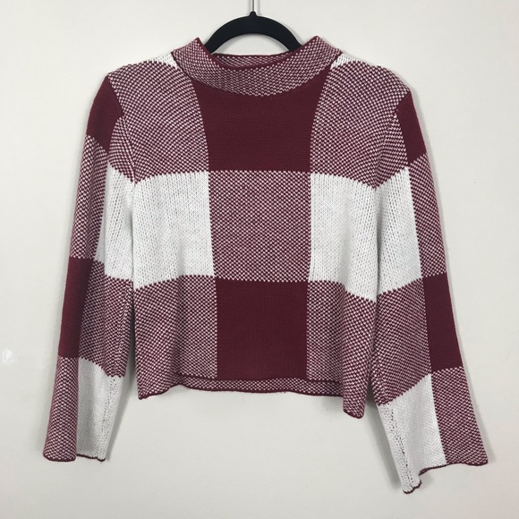 Red & White Plaid Mock Neck Chunky Swingy Sweater - Picture 2 of 4